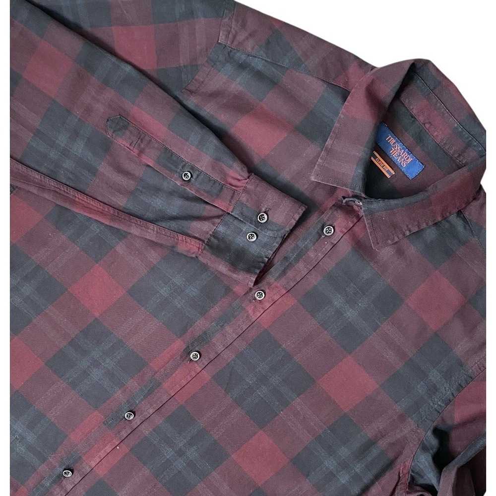 Trussardi Slim Fit Shirt Button Up Men L Plaid Burgundy Long Sleeve Casual